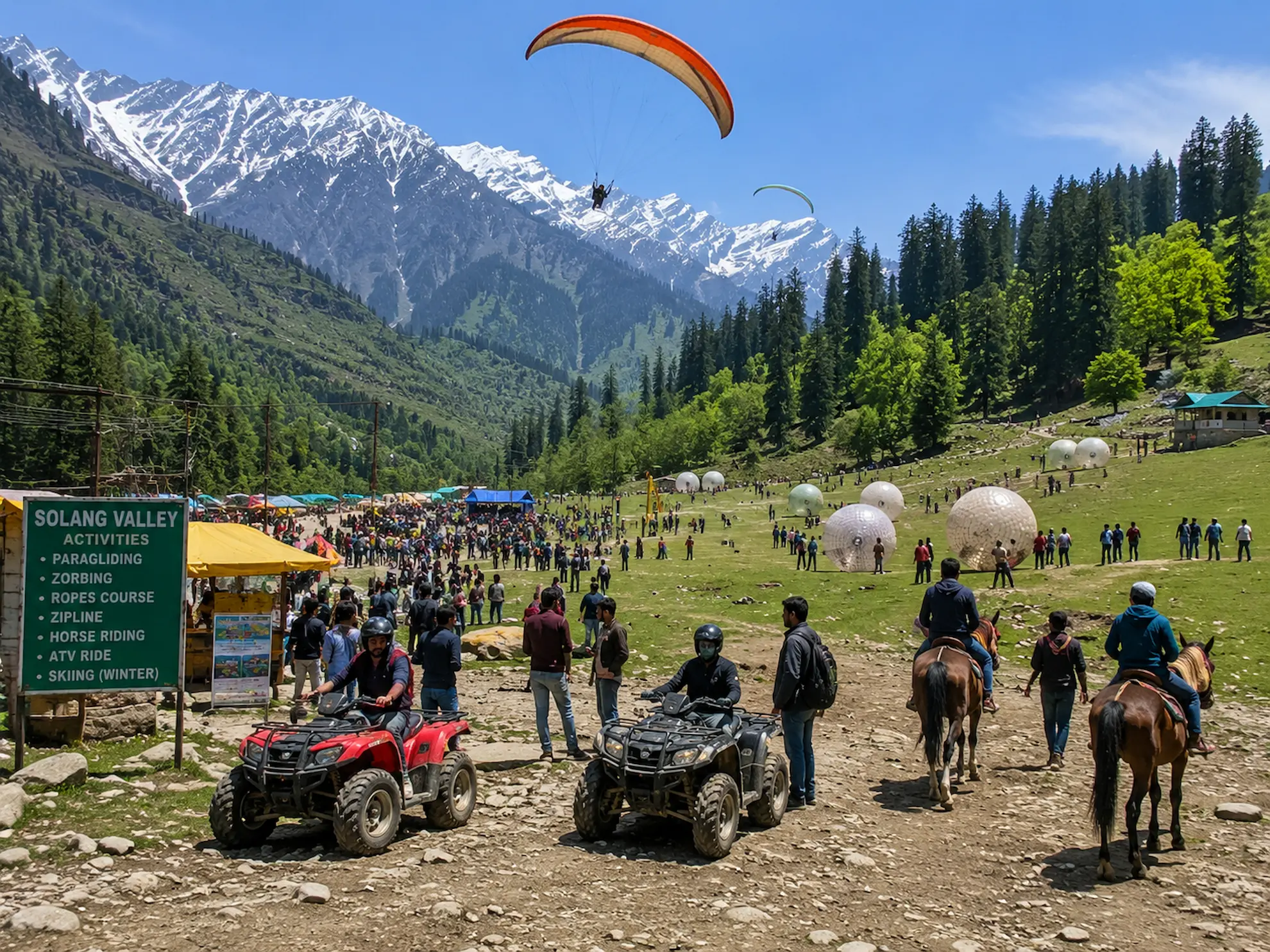 Paragliders soaring over the lush green slopes of Solang Valley near Manali, Himachal