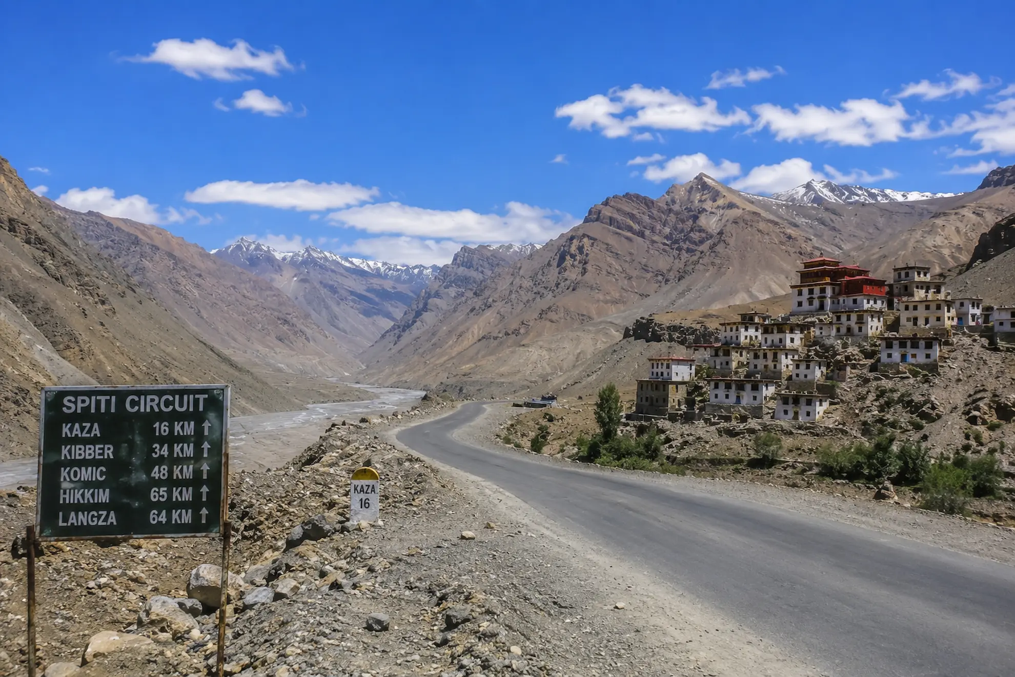 Mountain road curving through the high-altitude Spiti circuit in Himachal