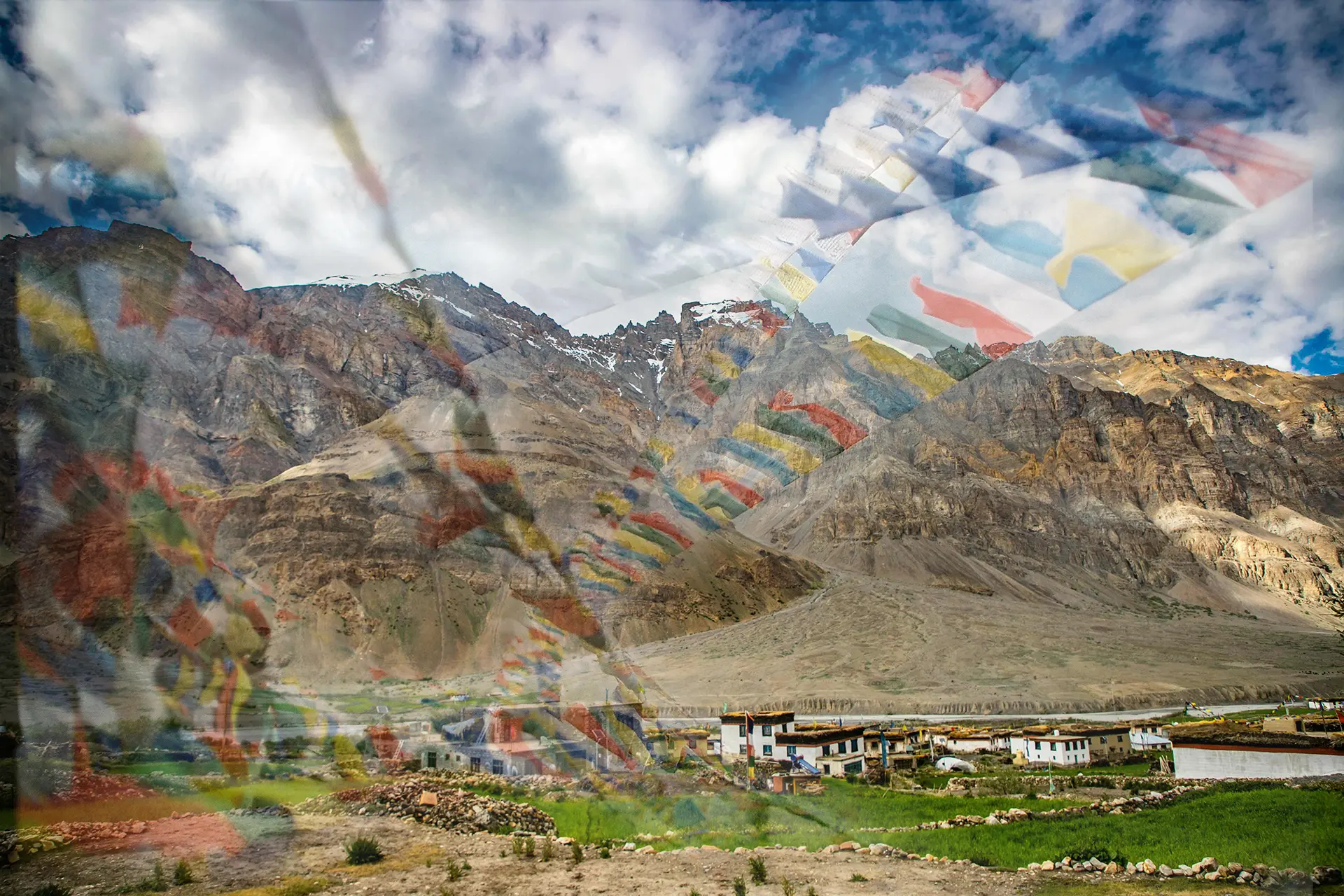 Remote Lahaul and Pangi river valley flanked by snow-streaked mountain ridges