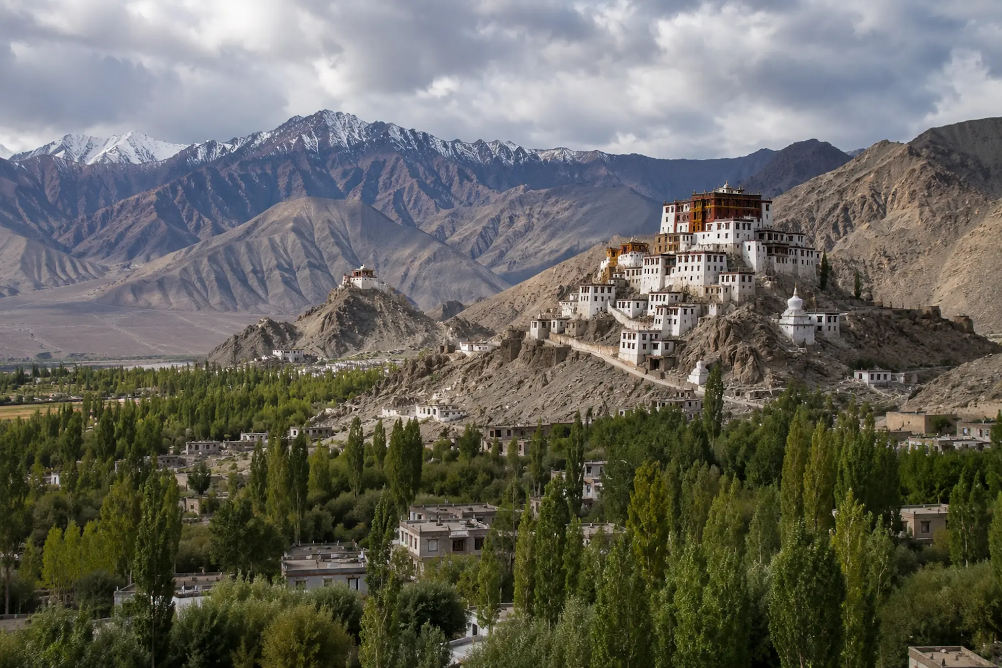 Row of whitewashed Buddhist monasteries lining the cliffs of the Ladakh monastery belt
