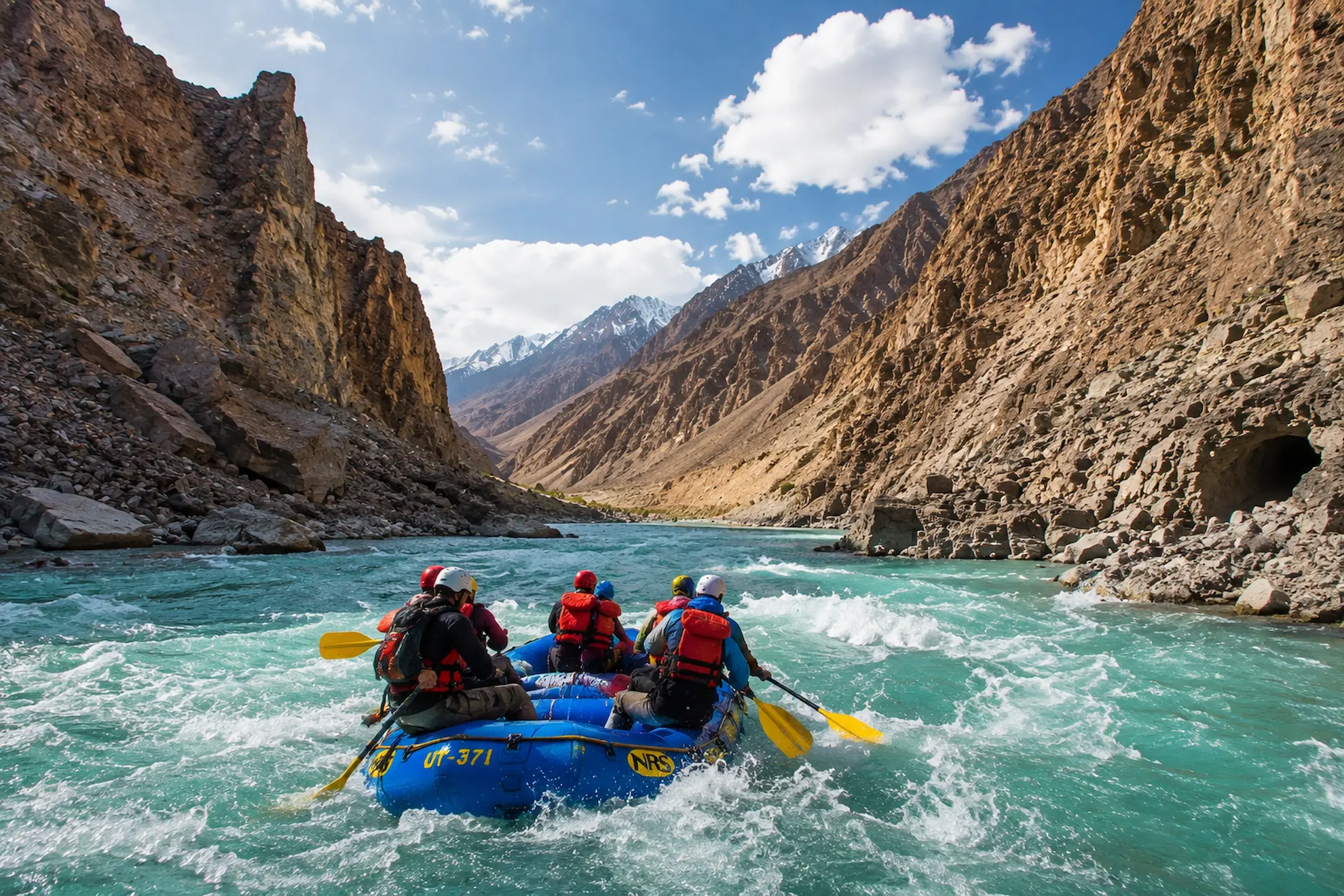 Rafters navigating white-water rapids on the turquoise Zanskar River, Ladakh