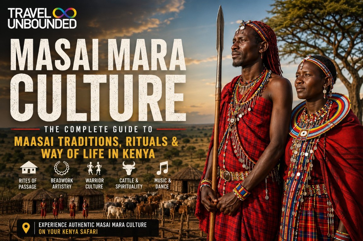 Masai community gathered in traditional dress in the Masai Mara, Kenya